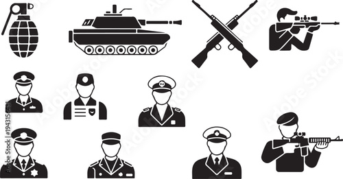 Military icons set with soldiers and weapons for army and police