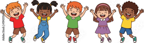 Happy multicultural cartoon children jumping with raised hands, cute playful kids celebrating friendship and joy, colorful childhood characters isolated on white background