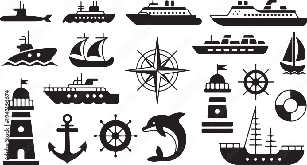 Obraz premium Nautical icons set for sea transport, navigation and marine life