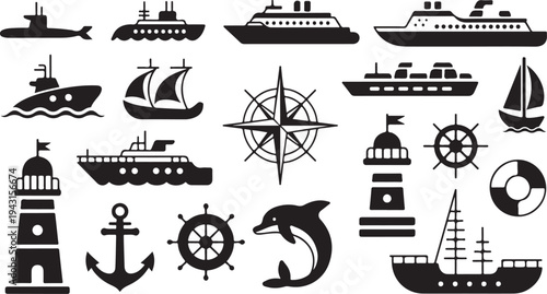 Nautical icons set for sea transport, navigation and marine life