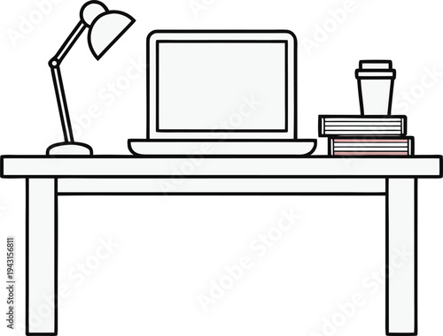 A simple line drawing of a desk with a laptop and books