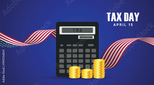 Tax Day USA banner with calculator coins financial accounting payment concept