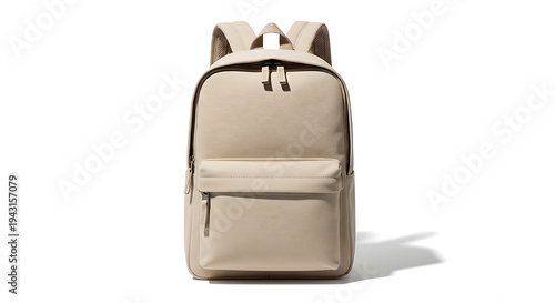 Beige leather backpack with shoulder straps and front pocket  travel bag transparent background