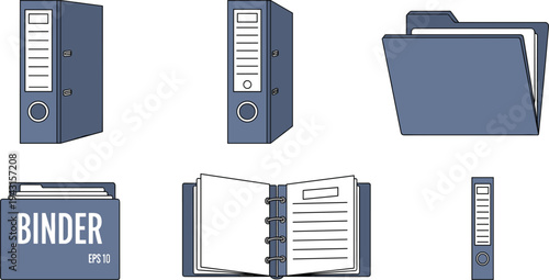 Office Binder and File Folder Collection Document Storage Organizer Vector Illustration Set Isolated