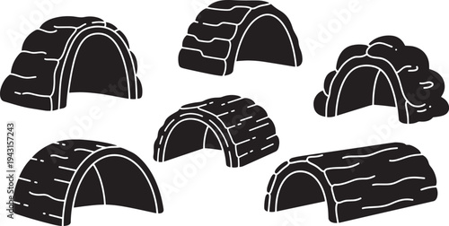 Black silhouette pet hides and shelters. Natural log and cave designs provide comfort, security for small animals, reptiles, and fish in their habitat