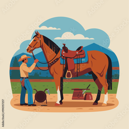 Cowboy Preparing Saddle

Flat vector illustration of a cowboy placing a saddle on a horse before riding. Stable area and ranch tools visible. Flat vector style, preparation scene.