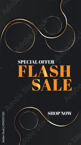 Luxury Flash Sale Background with Gold Abstract Lines and Dark Elegant Gradient, Premium Vertical Promo Template for Shopping Sale Offer