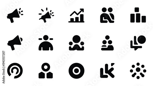 Bundle of marketing and business icons in black silhouette on white background for branding and advertising