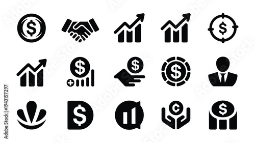 Bundle of finance icons including money growth and business symbols in black silhouette on white background