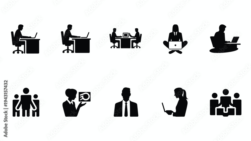 Obraz premium Bundle of office work silhouettes business icons people working teamwork and communication symbols