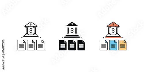 Black outline icons illustrating bank building linked to documents representing financial administration and corporate structure.