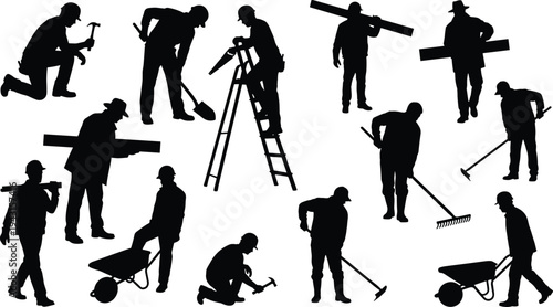 Black silhouette vector illustration of construction workers performing manual labor tasks with wheelbarrows, shovels, ladders, and wooden planks for building