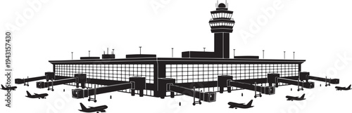 International airport with multiple jet bridges connected to a terminal building, featuring an air traffic control tower and several airplanes on the tarmac