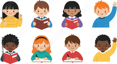 Multicultural school children reading books and raising hands in classroom, cute cartoon students learning and studying illustration set isolated on white background