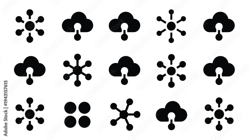Fototapeta premium Bundle of digital icons featuring cloud and network symbols in black silhouette on white background for technology and communication concepts
