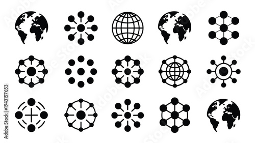 Bundle of global data logos and network connection symbols in black silhouette on white background