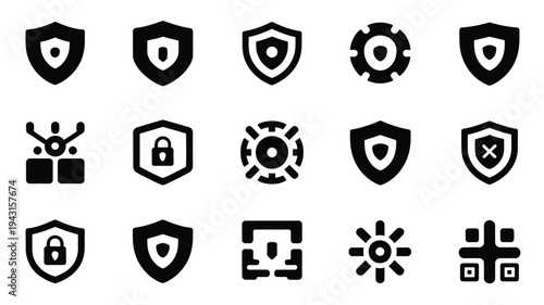 Advanced cybersecurity logo silhouette bundle with shield lock and protection icons for secure technology concepts