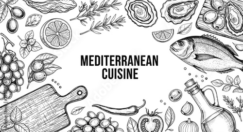 Mediterranean Cuisine Hand Drawn Illustration with Fish Oysters Olive Oil Grapes Herbs and Seafood Vintage Food Vector