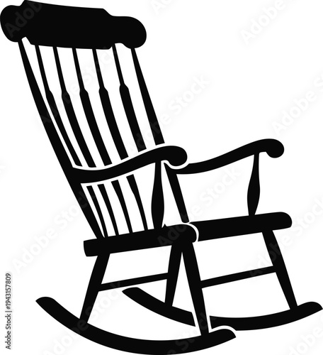 Black silhouette of a classic wooden rocking chair with a spindle back on a white background.