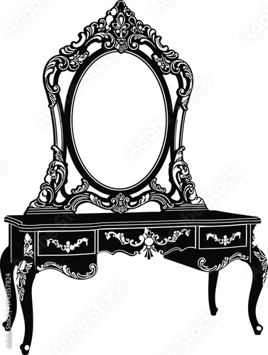 Ornate vintage vanity table with oval mirror and intricate baroque style carvings