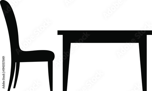 Black silhouette of a classic dining chair positioned next to a rectangular wooden table