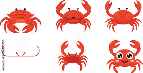 Red Crab Cartoon and Sea Crab Character Collection Marine Seafood Animal Vector Illustration Set Isolated
