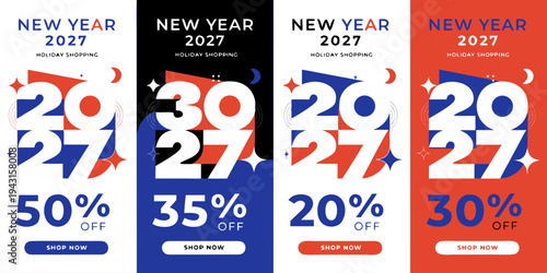 New Year 2027 Holiday Discounts – Bold Modern Promo Banners Featuring 50%, 35%, 20% & 30% OFF