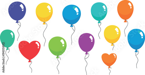 Colorful floating balloon collection with round and heart shapes festive party decoration celebration vector illustration set