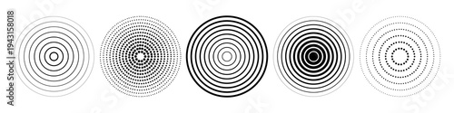 Vector radar symbol collection featuring sonar waves, radial signal circles and echo sounder icons, minimal black and white set for interfaces and diagrams