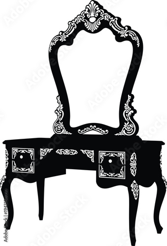 Ornate black and white silhouette of a vintage dressing table with a large mirror and intricate details