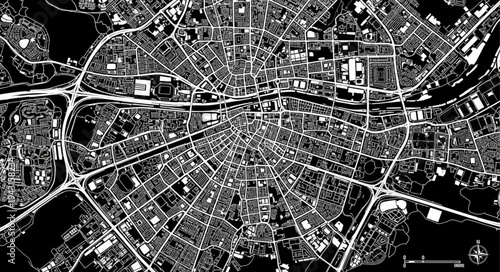 Aerial view of a city with radial road network.