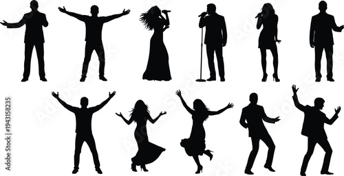 Black silhouettes set of professional singers and performers holding microphones dancing and celebrating with raised arms isolated on white background for entertainment and stage concepts