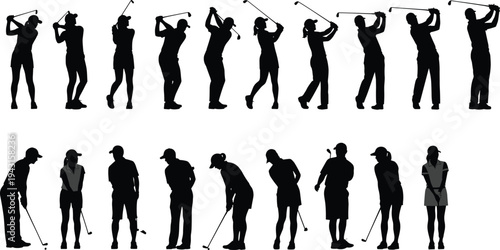 Black silhouettes set of professional male and female golf players performing various swing stages and putting actions isolated on white background for sports competition