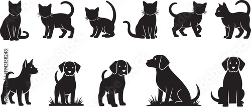 Collection of Black Silhouettes of Cats and Dogs in Various Poses, Ideal for Graphics and Design Elements