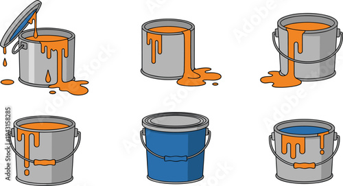 Set of paint bucket icons featuring open metal cans with spilling orange and blue paint for home renovation and interior design.