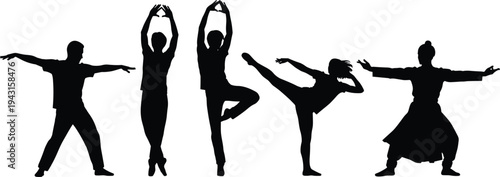 Black silhouettes set of various baseball players in action including hitters swinging bats and athletes in batting stance isolated on white background for sports