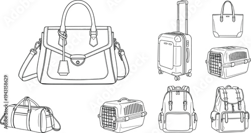 Travel and Fashion Bags Line Art Set with Handbag Suitcase Backpack Duffel and Pet Carrier Vector Illustration