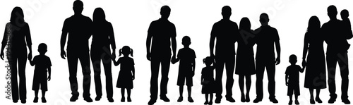 Black silhouettes set of various families with parents and children standing together and holding hands isolated on white background for lifestyle and parenthood concepts