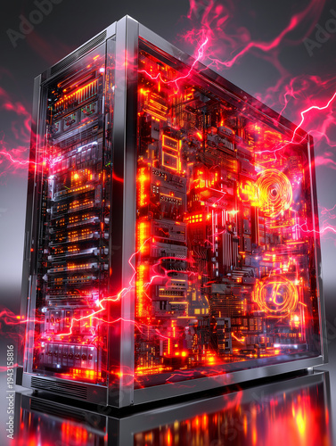 Concept de cyberattaque : rack de serveurs futuriste sous boîtier transparent. Composants lumineux et ventilateurs. Intrusion de flux de données néon rouge