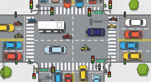 Busy City Intersection with Cars, Trucks, and Motorcycles.