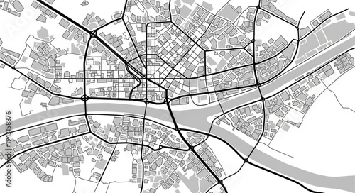 Detailed City Map Depicting Urban Infrastructure and River Layout.