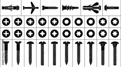 Black silhouette vector illustration collection of various hardware fasteners including screws, bolts, wall anchors, and screw heads in grid layouts