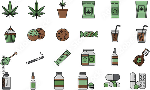 Cannabis Products and Marijuana Edibles Icon Set Featuring Weed Leaf, Vape, Cookies, Candy, Pills and Medical Hemp Vector Collection