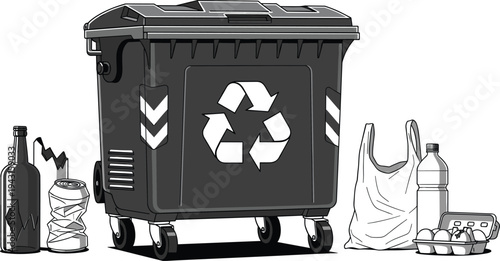 Recycling Waste Bin with Plastic Bottle Glass Can and Bag Garbage Sorting Environment Concept Vector Illustration