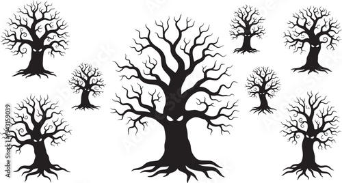 Spooky bare trees with glowing red eyes, silhouetted in black on white, creating an eerie haunted forest. Ideal for Halloween, fantasy, and mystical designs