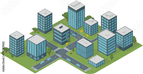 Isometric modern city buildings district, urban business center skyline, downtown office architecture, smart city infrastructure illustration concept