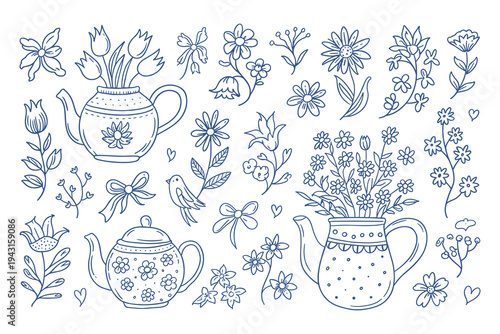 Blue Floral Teapot Illustration Collection Hand Drawn Elements