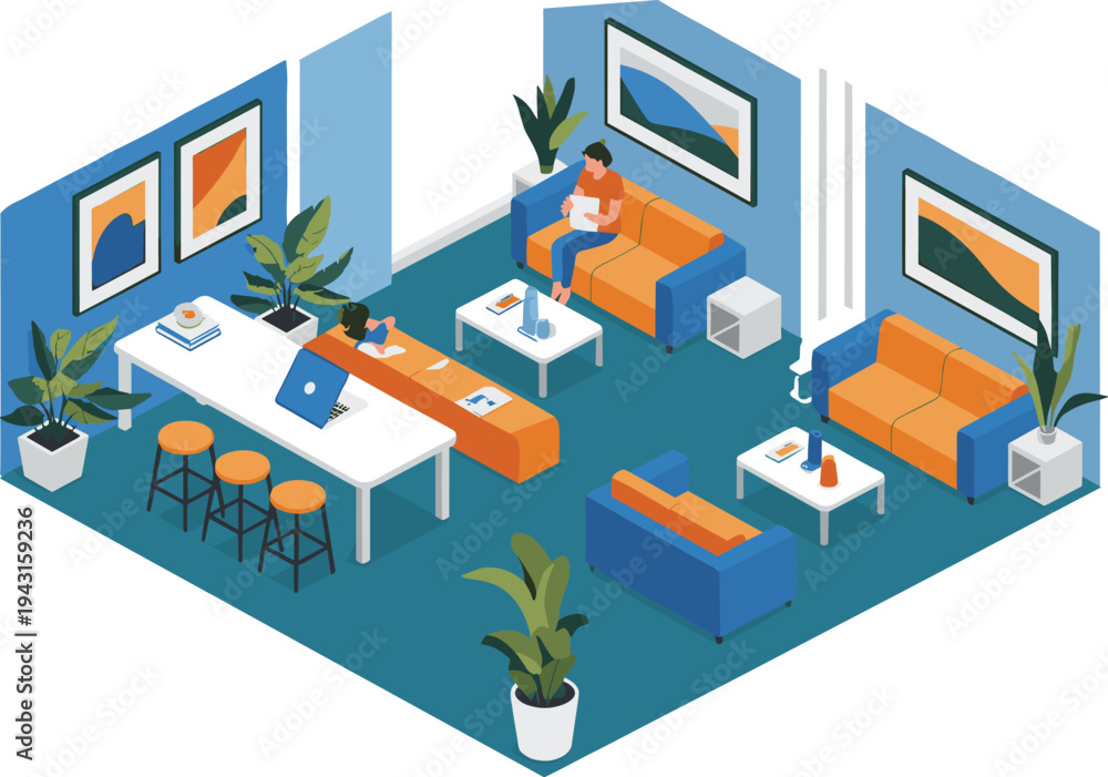 Obraz premium Isometric modern office lounge interior, coworkers relaxing and working in creative workspace waiting area, contemporary business meeting room illustration