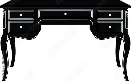 A black and white drawing of a desk with six drawers