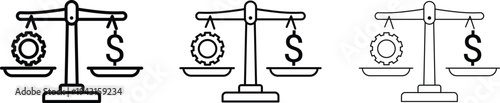 A series of scales balancing gears and dollar signs